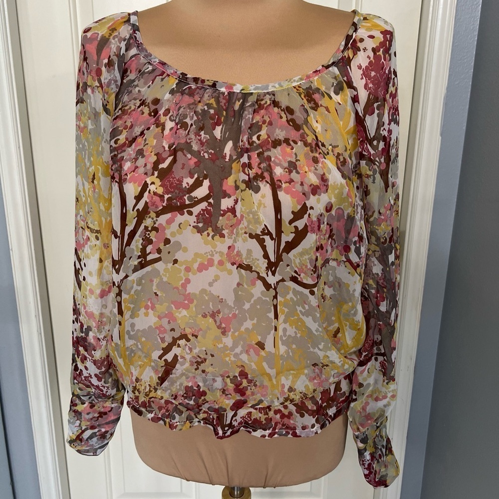 H&M Women's Size 6 Sheer Blouse Trees Leaves Abstract Earthy Forest Fairy Nature